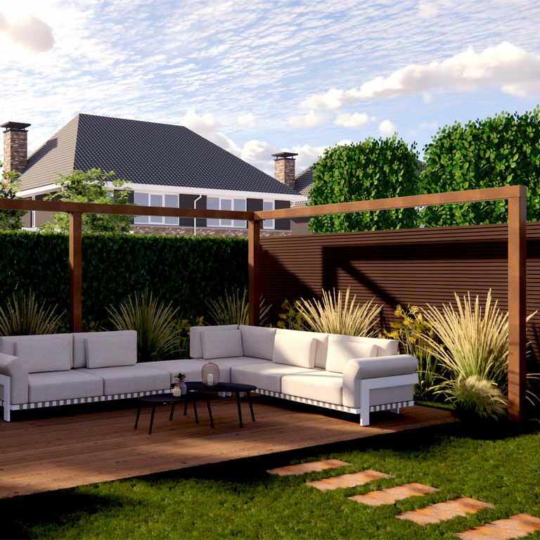 Kortena tērauda pergola stūra izkārtojums 600 x 412 cm