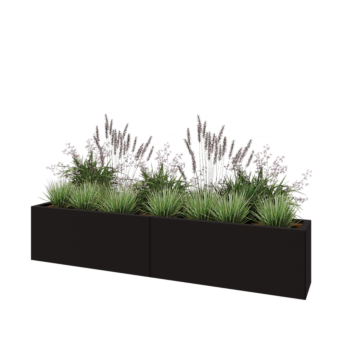 Tērauda puķu kaste XXL - Taisnstūris - 200 x 30 x 40 cm - RAL9005 matēts (melns) - Ar pamatplati