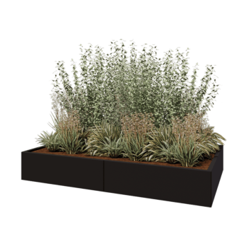 Tērauda puķu kaste XXL - Taisnstūris - 200 x 120 x 30 cm - RAL9005 matēts (melns) - Ar pamatplati