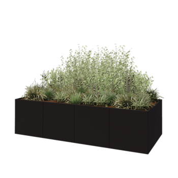 Tērauda puķu kaste XXL - Taisnstūris - 320 x 120 x 80 cm - RAL9005 matēts (melns) - Ar pamatplati