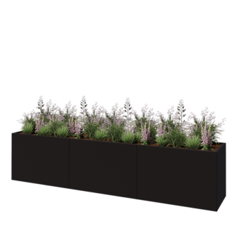 Tērauda puķu kaste XXL - Taisnstūris - 360 x 60 x 80 cm - RAL9005 matēts (melns) - Ar pamatplati