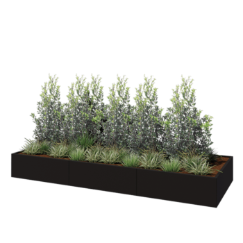 Tērauda puķu kaste XXL - Taisnstūris - 360 x 120 x 40 cm - RAL9005 matēts (melns) - Ar pamatplati