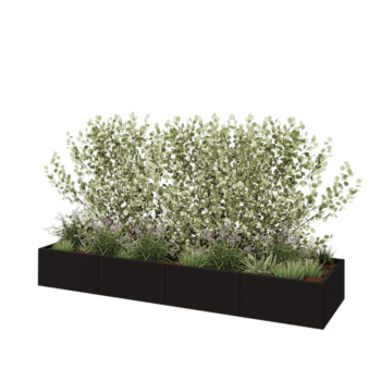 Tērauda puķu kaste XXL - Taisnstūris - 320 x 80 x 40 cm - RAL9005 matēts (melns) - Ar pamatplati