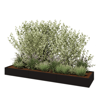 Tērauda puķu kaste XXL - Taisnstūris - 360 x 80 x 30 cm - RAL9005 matēts (melns) - Ar pamatplati