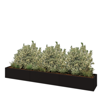 Tērauda puķu kaste XXL - Taisnstūris - 360 x 50 x 40 cm - RAL9005 matēts (melns) - Ar pamatplati