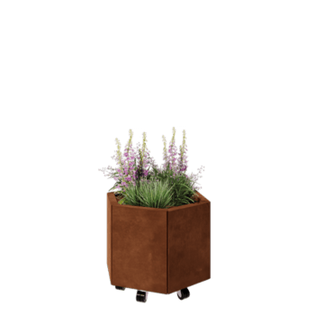 Kortena tērauda puķu kaste - Sešstūris - 59,3 x 52 x 40 cm - Ar pamatplati - Ar riteņiem