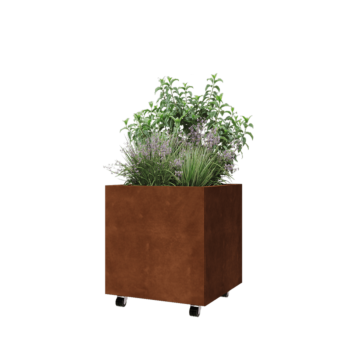 Kortena tērauda puķu kaste - Kvadrāts - 60 x 60 x 60 cm - Ar pamatplati - Ar riteņiem