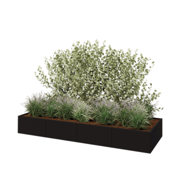 Tērauda puķu kaste XXL - Taisnstūris - 320 x 100 x 40 cm - RAL9005 matēts (melns) - Ar pamatplati