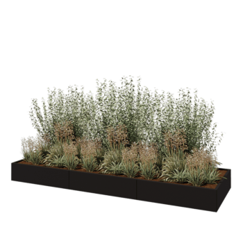 Tērauda puķu kaste XXL - Taisnstūris - 360 x 100 x 30 cm - RAL9005 matēts (melns) - Ar pamatplati