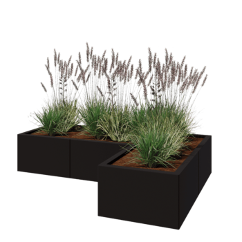 Tērauda puķu kaste - L-veida - 150 x 100 x 30 cm - RAL9005 matēts (melns) - Bez pamatplates