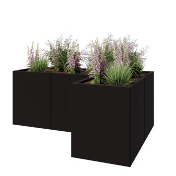 Tērauda puķu kaste - L-veida - 150 x 100 x 60 cm - RAL9005 matēts (melns) - Ar pamatplati