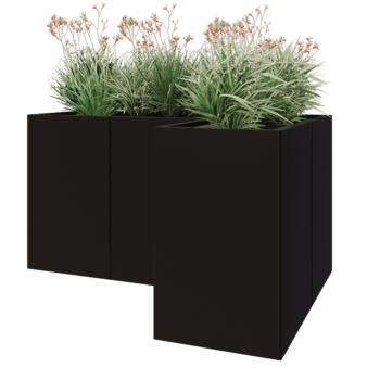 Tērauda puķu kaste - L-veida - 150 x 100 x 80 cm - RAL9005 matēts (melns) - Ar pamatplati