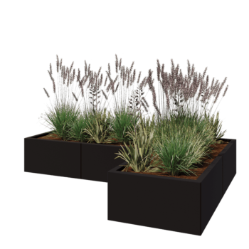 Tērauda puķu kaste - L-veida - 180 x 120 x 30 cm - RAL9005 matēts (melns) - Bez pamatplates