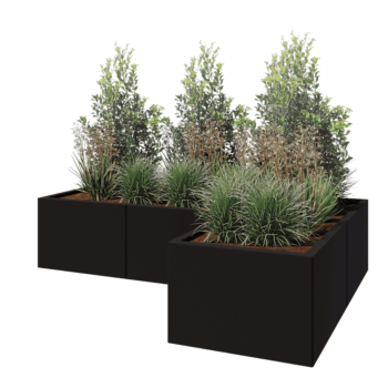 Tērauda puķu kaste - L-veida - 180 x 120 x 40 cm - RAL9005 matēts (melns) - Ar pamatplati