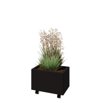 Tērauda puķu kaste - Taisnstūris - 50 x 30 x 30 cm - RAL9005 matēts (melns) - Ar pamatplati - Ar riteņiem