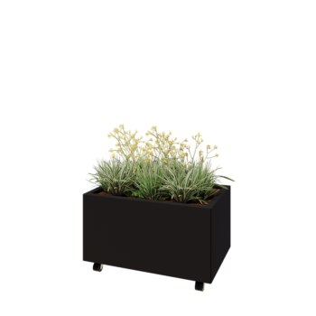 Tērauda puķu kaste - Taisnstūris - 80 x 50 x 40 cm - RAL9005 matēts (melns) - Ar pamatplati - Ar riteņiem