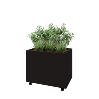 Tērauda puķu kaste - Taisnstūris - 80 x 50 x 60 cm - RAL9005 matēts (melns) - Ar pamatplati - Ar riteņiem