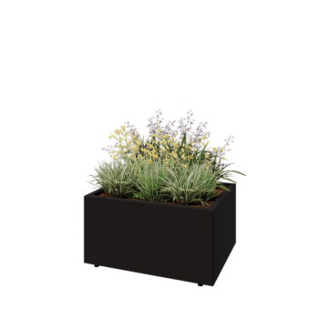 Tērauda puķu kaste - Taisnstūris - 80 x 60 x 40 cm - RAL9005 matēts (melns) - Ar pamatplati - Ar kājām