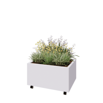 Tērauda puķu kaste - Taisnstūris - 80 x 60 x 40 cm - RAL9010 matēts (balts) - Ar pamatplati - Ar riteņiem