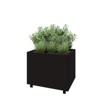 Tērauda puķu kaste - Taisnstūris - 80 x 60 x 60 cm - RAL9005 matēts (melns) - Ar pamatplati - Ar riteņiem