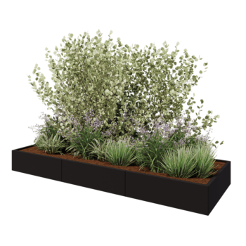 Tērauda puķu kaste XXL - Taisnstūris - 300 x 100 x 30 cm - RAL9005 matēts (melns) - Ar pamatplati