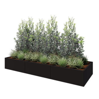 Tērauda puķu kaste XXL - Taisnstūris - 300 x 100 x 40 cm - RAL9005 matēts (melns) - Ar pamatplati