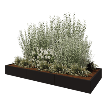 Tērauda puķu kaste XXL - Taisnstūris - 300 x 120 x 30 cm - RAL9005 matēts (melns) - Ar pamatplati