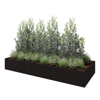 Tērauda puķu kaste XXL - Taisnstūris - 300 x 120 x 40 cm - RAL9005 matēts (melns) - Ar pamatplati