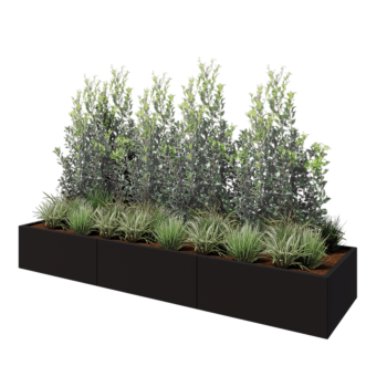 Tērauda puķu kaste XXL - Taisnstūris - 300 x 80 x 40 cm - RAL9005 matēts (melns) - Ar pamatplati