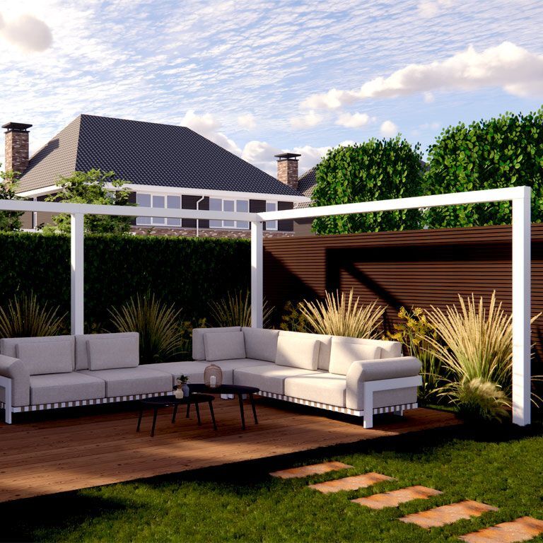 Pulverpārklāta tērauda pergola stūra izkārtojums 600 x 412 cm