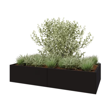 Tērauda puķu kaste XXL - Taisnstūris - 200 x 100 x 40 cm - RAL9005 matēts (melns) - Ar pamatplati