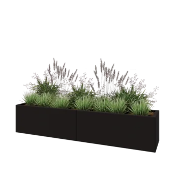 Tērauda puķu kaste XXL - Taisnstūris - 200 x 40 x 40 cm - RAL9005 matēts (melns) - Ar pamatplati