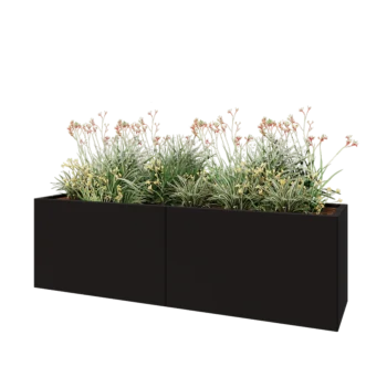 Tērauda puķu kaste XXL - Taisnstūris - 200 x 50 x 60 cm - RAL9005 matēts (melns) - Ar pamatplati
