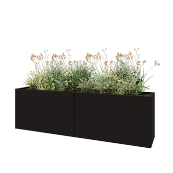 Tērauda puķu kaste XXL - Taisnstūris - 200 x 40 x 60 cm - RAL9005 matēts (melns) - Ar pamatplati
