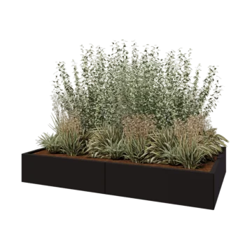 Tērauda puķu kaste XXL - Taisnstūris - 200 x 120 x 30 cm - RAL9005 matēts (melns) - Ar pamatplati