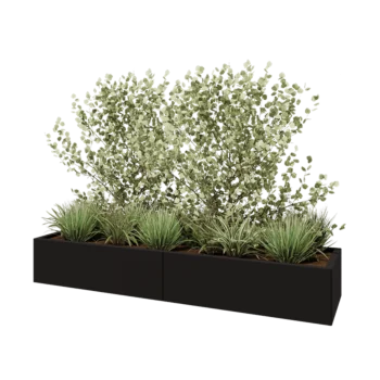 Tērauda puķu kaste XXL - Taisnstūris - 200 x 50 x 30 cm - RAL9005 matēts (melns) - Ar pamatplati