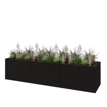 Tērauda puķu kaste XXL - Taisnstūris - 360 x 80 x 80 cm - RAL9005 matēts (melns) - Ar pamatplati