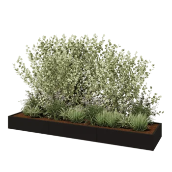 Tērauda puķu kaste XXL - Taisnstūris - 360 x 80 x 30 cm - RAL9005 matēts (melns) - Ar pamatplati