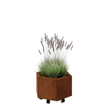 Kortena tērauda puķu kaste - Sešstūris - 59,3 x 52 x 30 cm - Ar pamatplati - Ar riteņiem