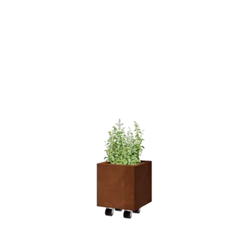 Kortena tērauda puķu kaste - Kvadrāts - 30 x 30 x 30 cm - Ar pamatplati - Ar riteņiem