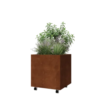 Kortena tērauda puķu kaste - Kvadrāts - 60 x 60 x 60 cm - Ar pamatplati - Ar riteņiem