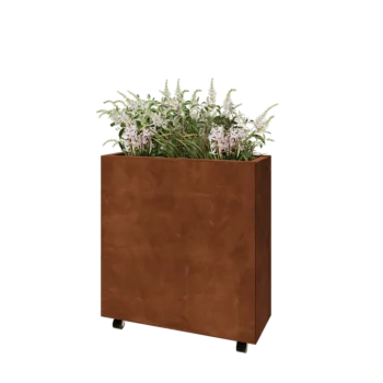 Kortena tērauda puķu kaste - Taisnstūris - 80 x 30 x 80 cm - Ar pamatplati - Ar riteņiem