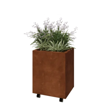 Kortena tērauda puķu kaste - Taisnstūris - 50 x 40 x 60 cm - Ar pamatplati - Ar riteņiem