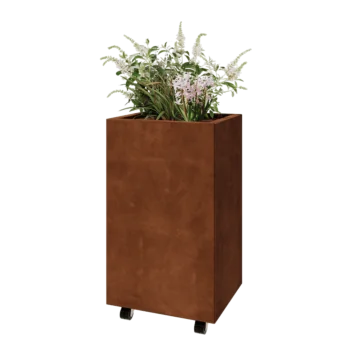 Kortena tērauda puķu kaste - Taisnstūris - 50 x 40 x 80 cm - Ar pamatplati - Ar riteņiem