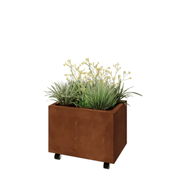 Kortena tērauda puķu kaste - Taisnstūris - 60 x 40 x 40 cm - Ar pamatplati - Ar riteņiem