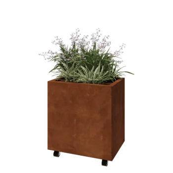 Kortena tērauda puķu kaste - Taisnstūris - 60 x 40 x 60 cm - Ar pamatplati - Ar riteņiem