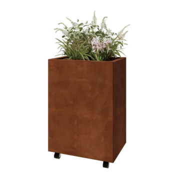 Kortena tērauda puķu kaste - Taisnstūris - 60 x 40 x 80 cm - Ar pamatplati - Ar riteņiem