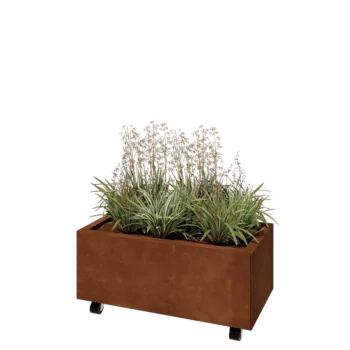 Kortena tērauda puķu kaste - Taisnstūris - 80 x 40 x 30 cm - Ar pamatplati - Ar riteņiem