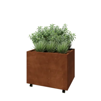 Kortena tērauda puķu kaste - Taisnstūris - 80 x 60 x 60 cm - Ar pamatplati - Ar riteņiem