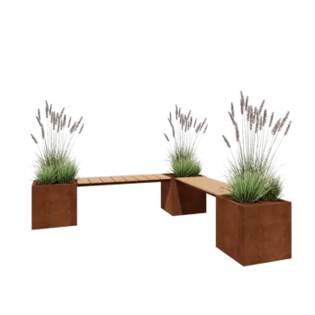 Kortena tērauda puķu kaste - Kvadrāts - Stūra izvietojums - 221,2 x 221,2 x 50 cm - Ar soliņu - Ar pamatplati